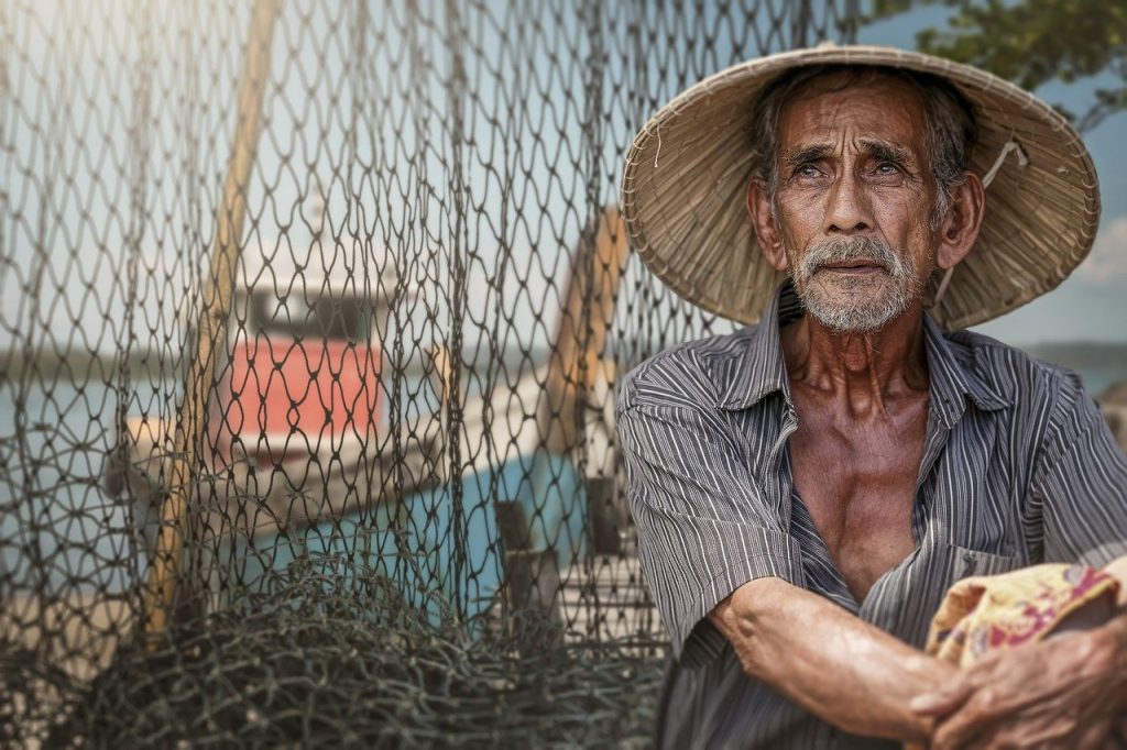 fisherman, old man, net